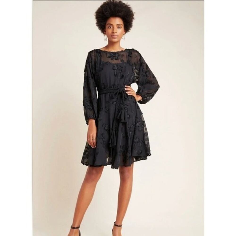 Mare Mare Amal Textured Black Sheer Mesh‎ Floral Embroidered Mini Dress Tunic